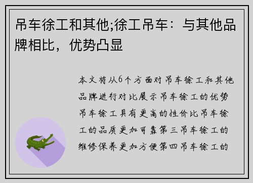 吊车徐工和其他;徐工吊车：与其他品牌相比，优势凸显
