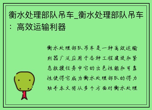 衡水处理部队吊车_衡水处理部队吊车：高效运输利器