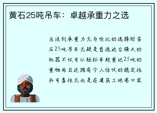 黄石25吨吊车：卓越承重力之选